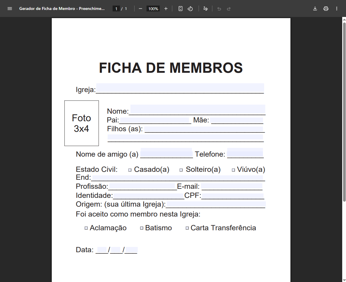 Gerador Profissional de Ficha de Membros em PDF Editável