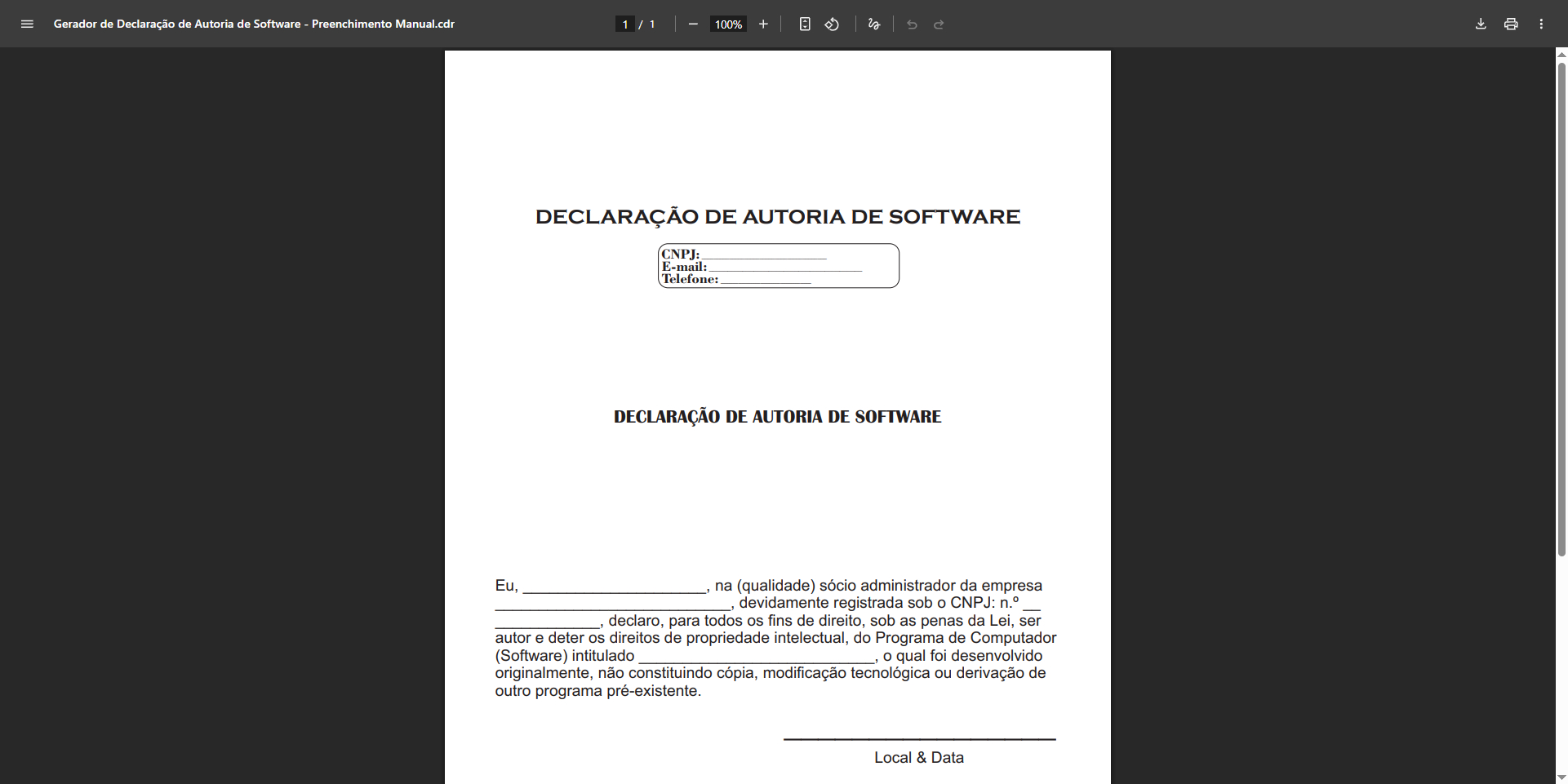 Gerador Profissional de Declaração de Autoria de Software – PDF Editável
